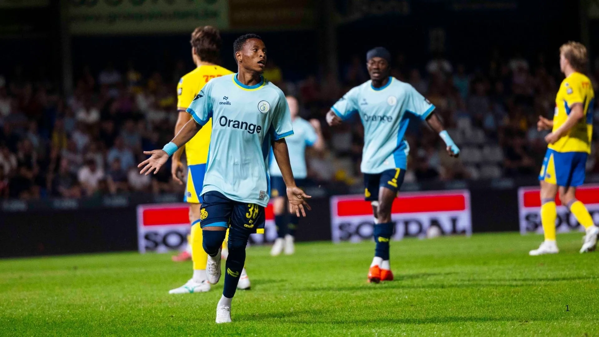 Relebohile Mofokeng celebrates his debut league goal for Royale Union Saint-Gilloise.