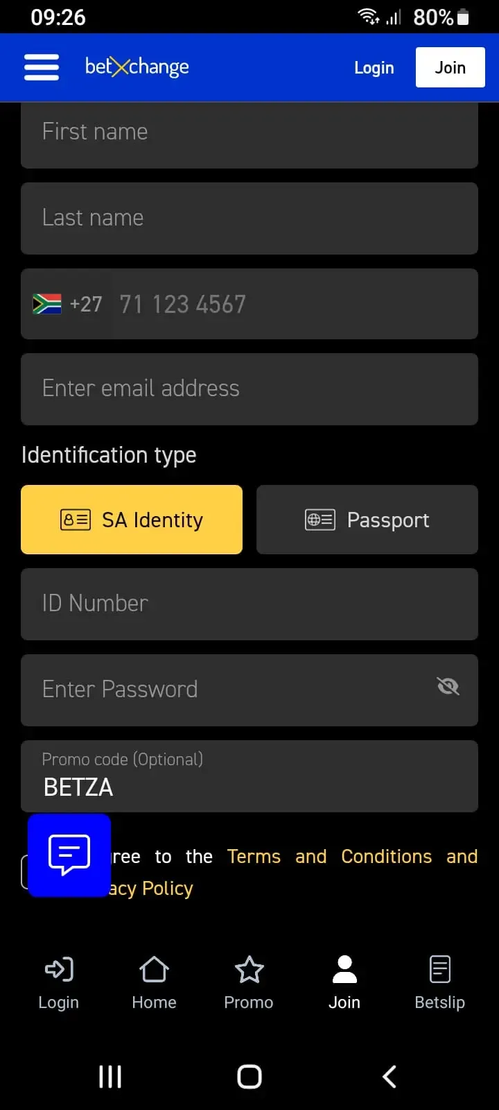 BetXchange mobile app sign-up form displaying input fields for personal details, South African ID selection, and promo code entry.