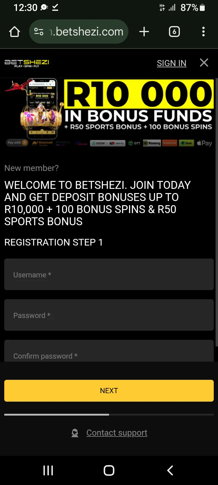 Screenshot of Registration Step 1 for Betshezi Review, as user to create username and password and then click _Next_