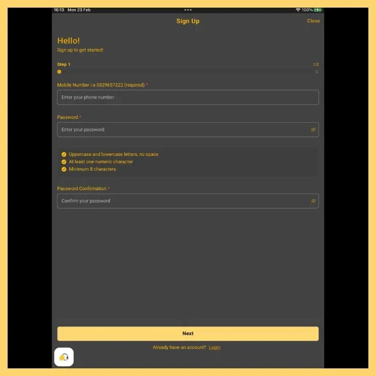 Download the Goldrush App and click Sign Up