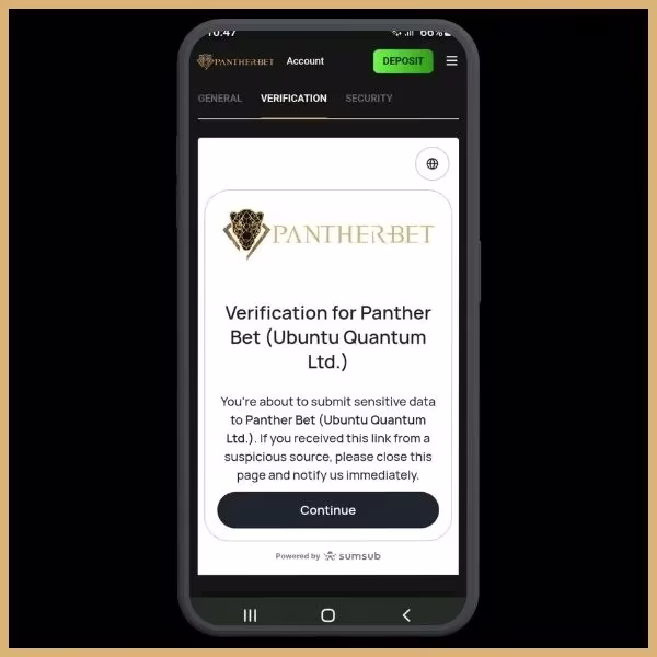 Pantherbet sign up step 6: Verification tab in My Profile.