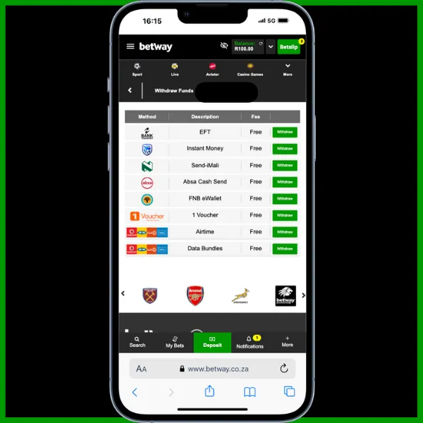 withdrawal options page on betway account