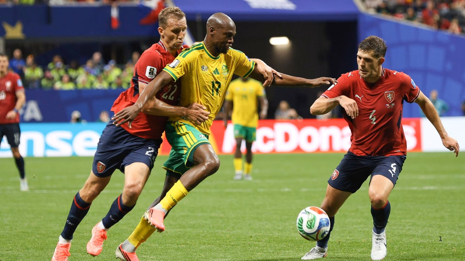 Evidence Makgopa contests for the ball for Bafana against Czech Republic.