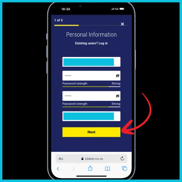 Lulabet registration process. Red arrow pointing to Next button