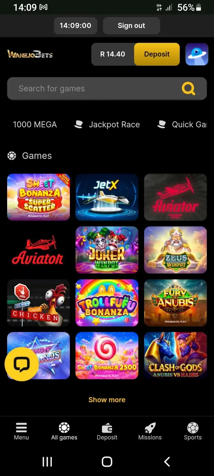 Screenshot of Casino hub for WanejoBets South Africa review showing games like Sweet Bonanza Super Scatter and Aviator