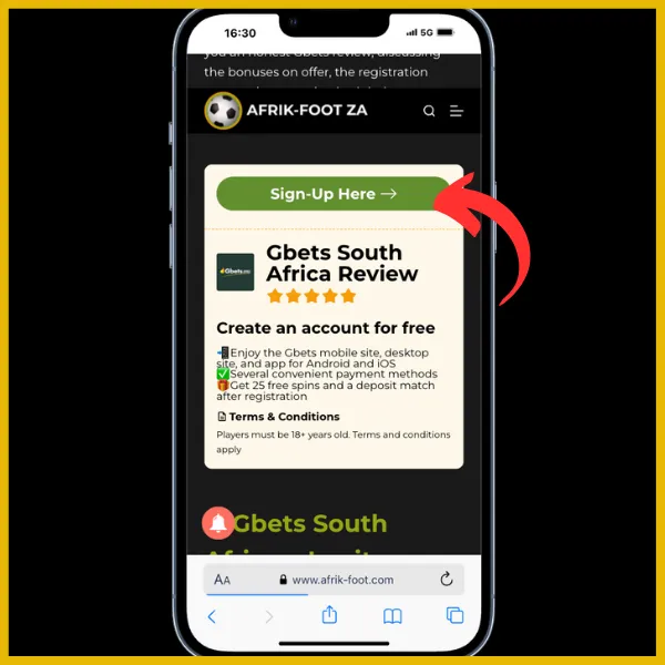 Red arrow pointing to green Sign Up Here button on the Afrik-Foot site for Gbets review