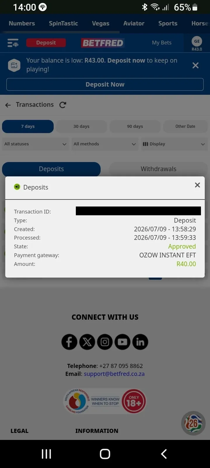 Confirmation of R40 deposit made via Ozow for 2nd Betfred bonus.