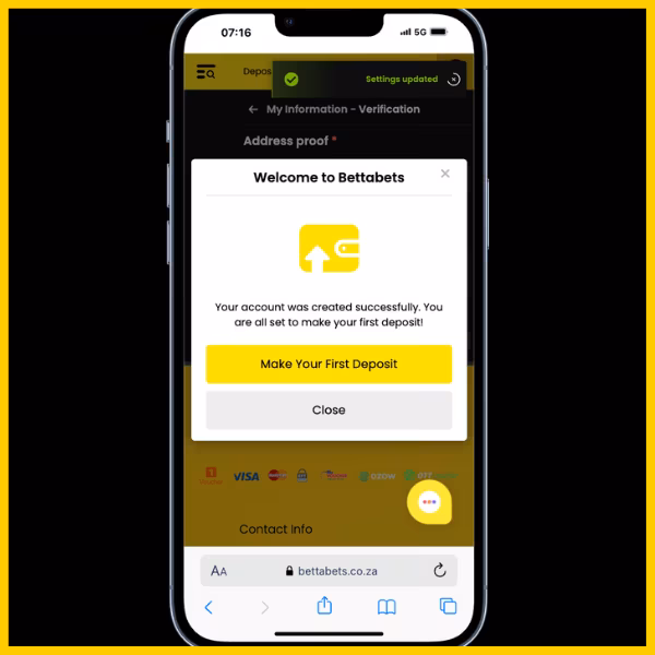 Welcome to Bettabets pop-up. Includes options for Make Your First Deposit and Close. 