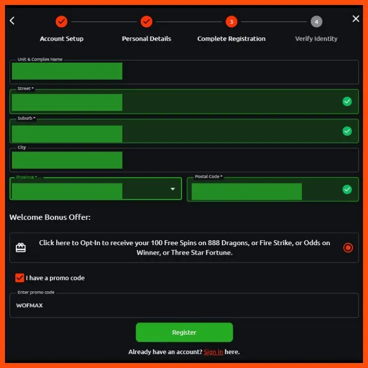 Page 3 of registration form with World Sports Betting promo code WOFMAX