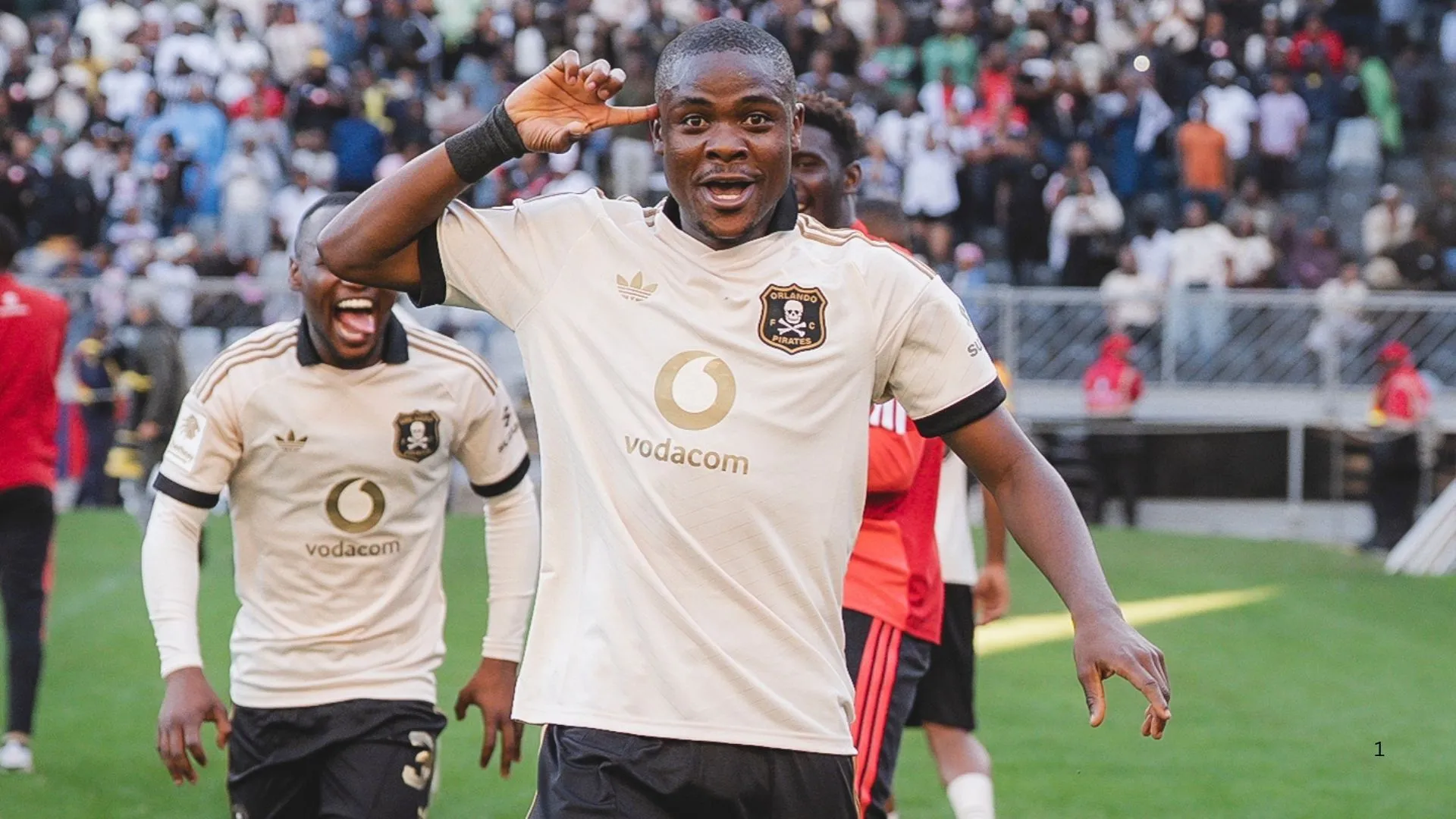 Daniel Msendani of Orlando Pirates celebrates his goal against Chippa United.