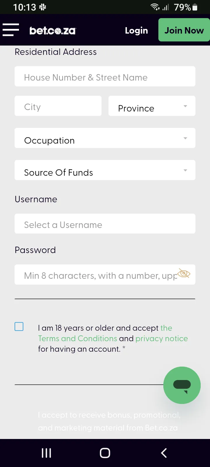 Bet.co.za Review Registration 2

Provide your address, source of funds. Create username and password. Indicate you are 18+