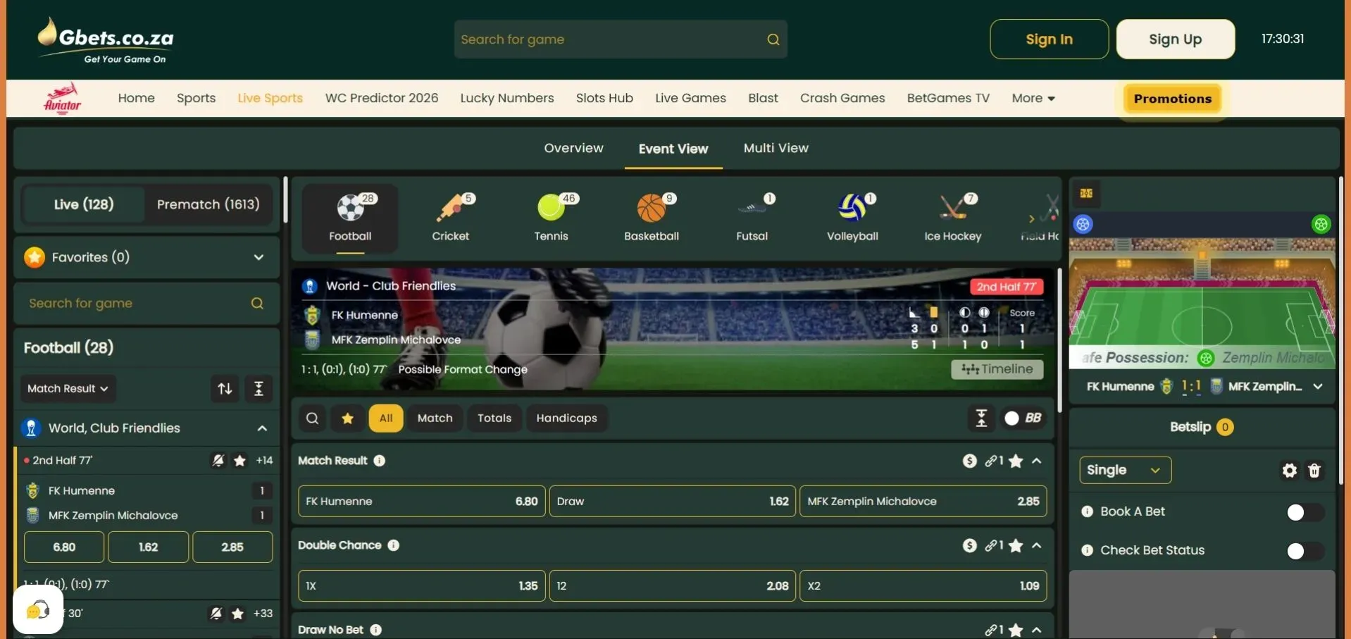 Gbets Live Sports page showing football friendly between FK Humenna vs MFK Zamplin with 3D match tracker on the right.