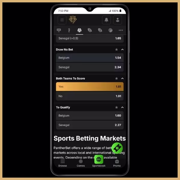Pantherbet  Promo Code Extra Bet Example: Belgium vs Senegal with BTTS - Yes @ 1.81