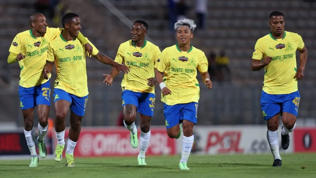 Mamelodi Sundowns players celebrate a goal. 