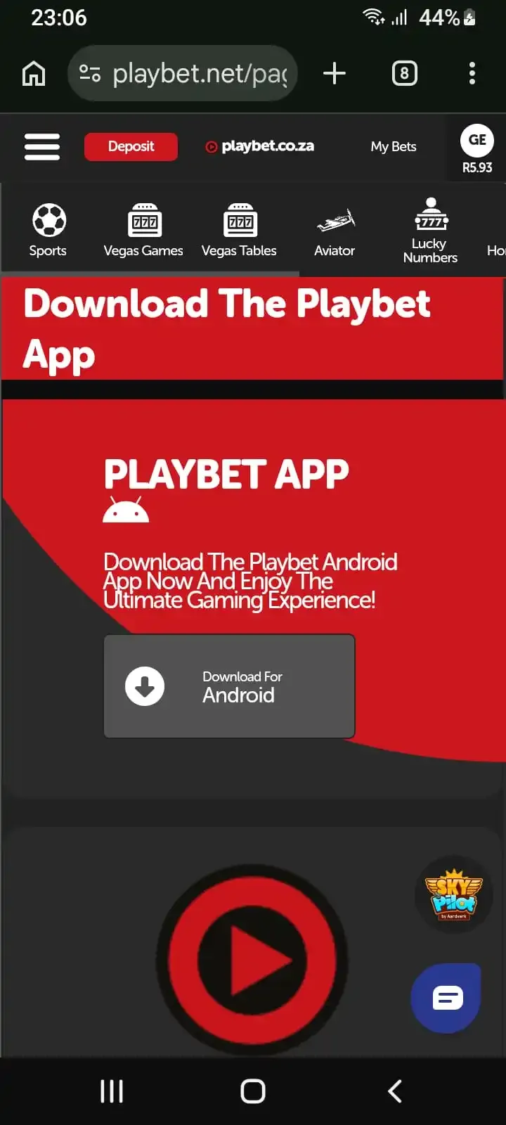 Playbet app download page with grey Download For Android button.

