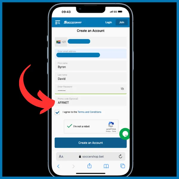 First page of registration - red arrow pointing to promo code AFRNET