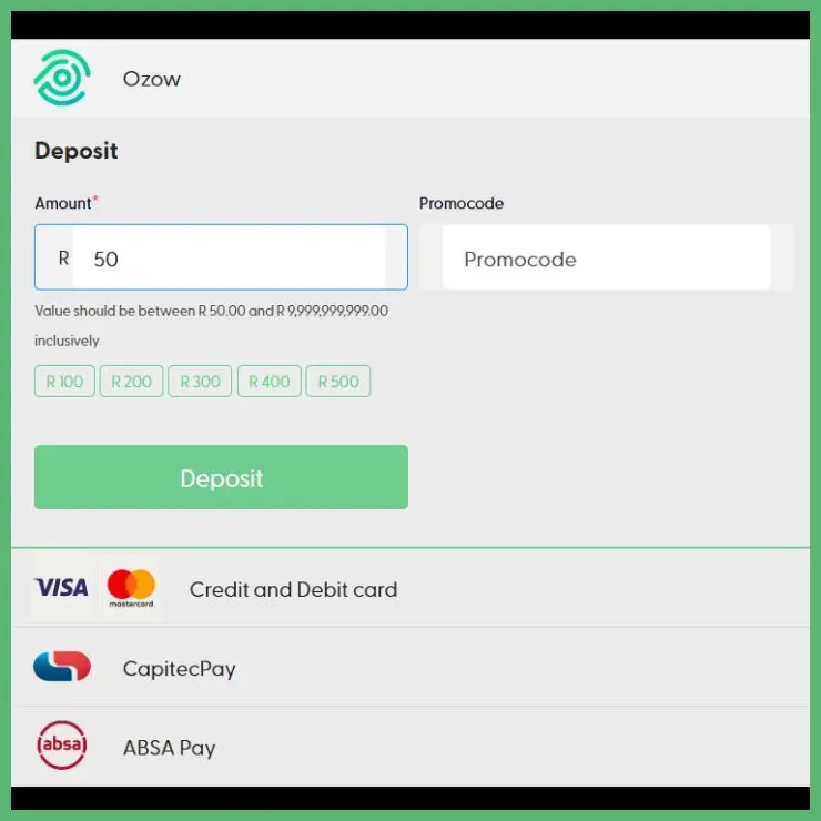 Bet.co.za welcome bonus payment methods including Ozow, Visa and Mastercard, Capitec Pay and Absa Pay