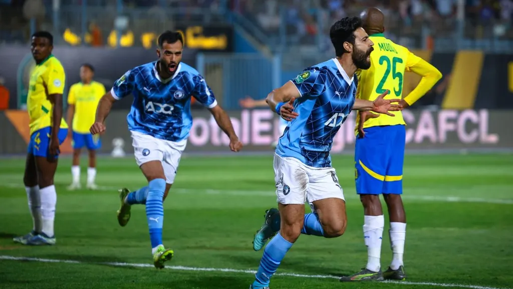 Ahmed Samy celebrates his goal against Mamelodi Sundowns in the CAF Champions League second leg. Photo Imago