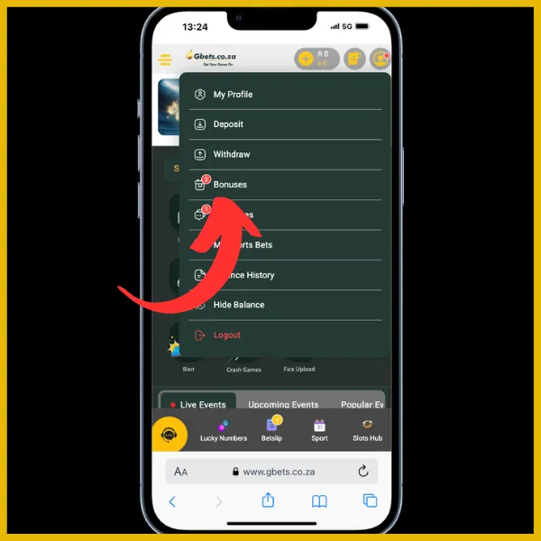 Red arrow pointing to Bonuses in the notification menu on Gbets site.