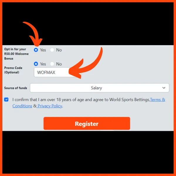 WSB registration page with World Sports Betting promo code WOFMAX entered in the promo code field.