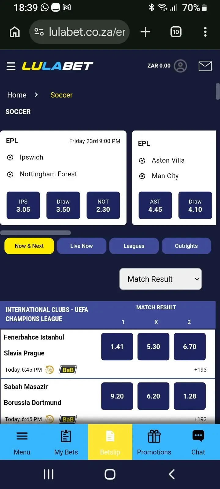 Lulabet mobile betting site showing English Premier League match odds on new betting sites South Africa