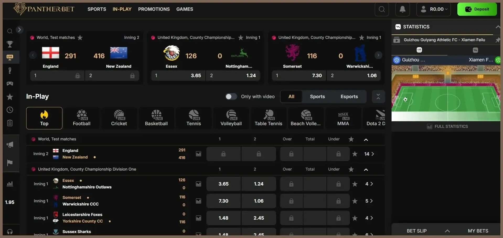 In-Play tab screenshot for Pantherbet review showing live Cricket Odds and 3D live stats menu on the right.
