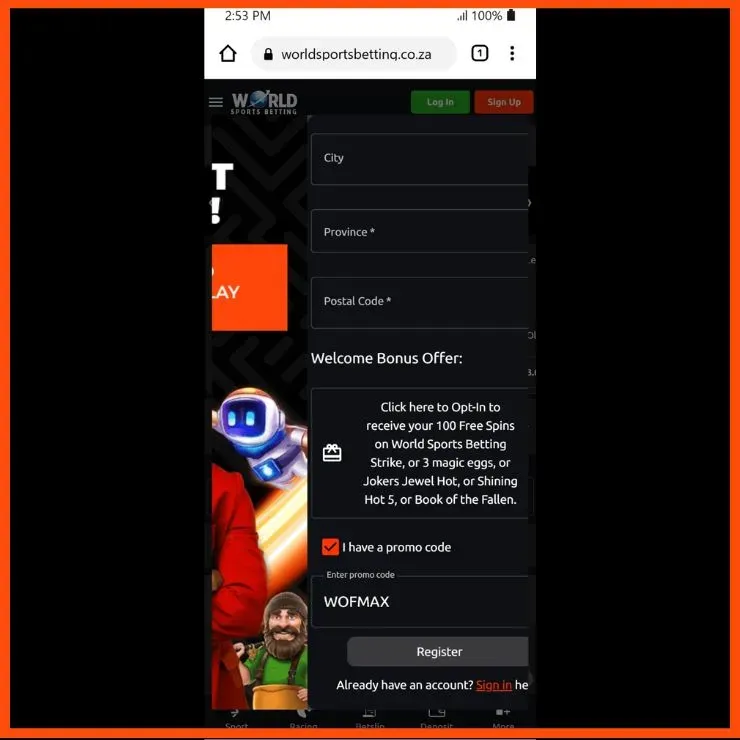 World Sports Betting  sign up form with promo code WOFMAX (1)