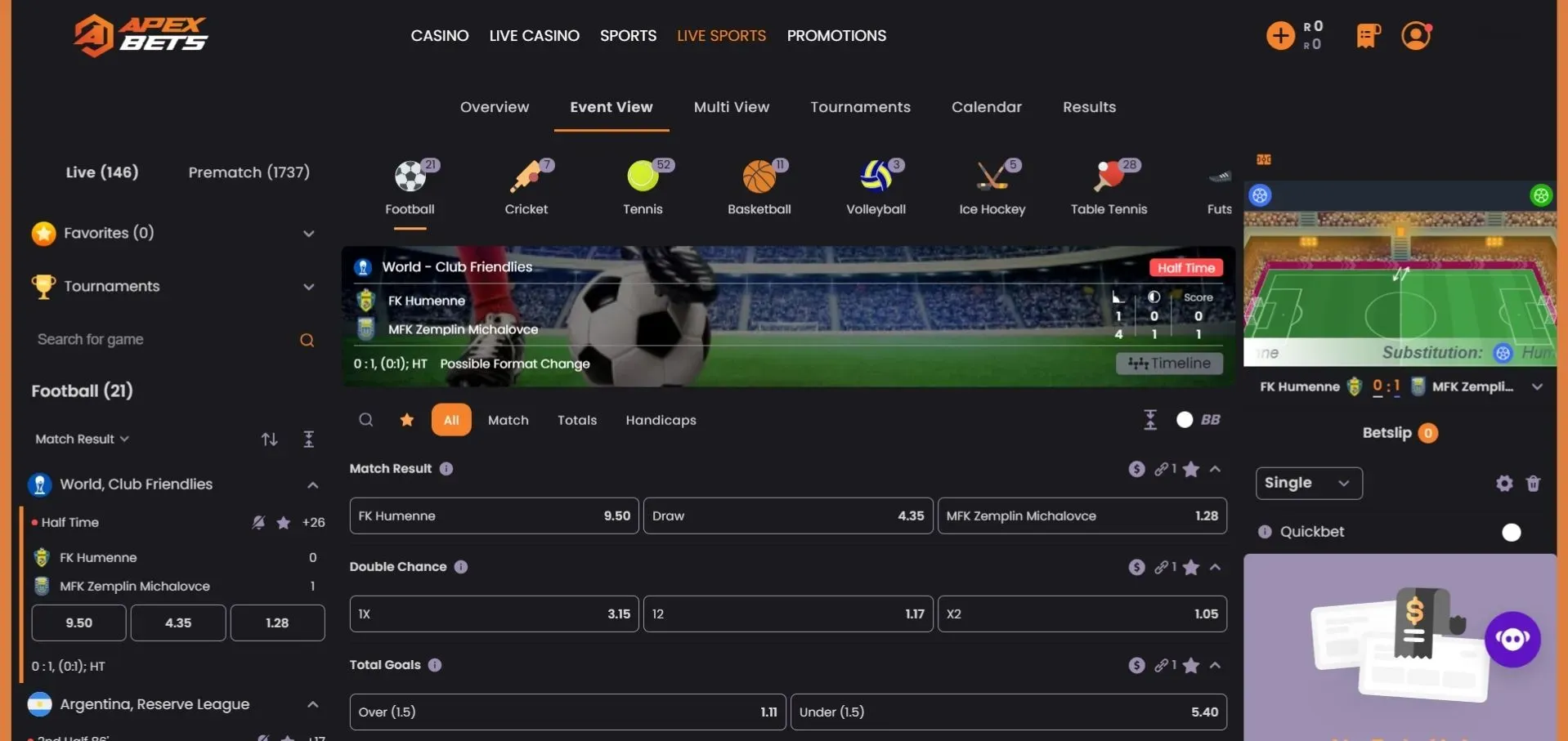 Apexbets Live Sports page showing football friendly between FK Humenna vs MFK Zamplin with 3D match tracker on the right.