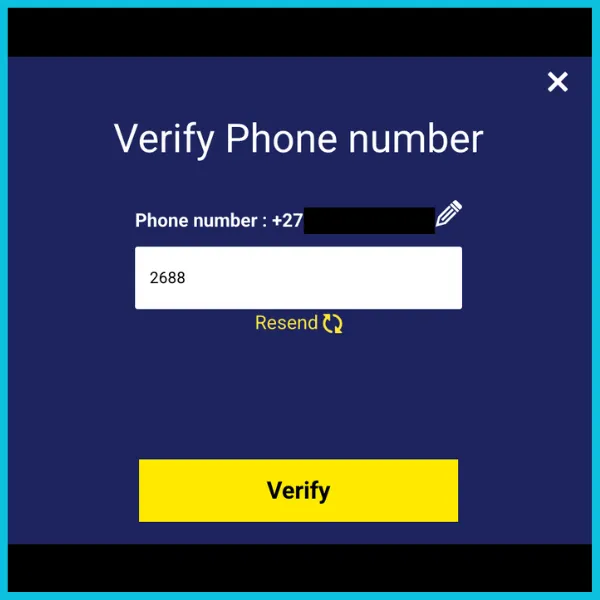 Lulabet registration process. Verify number with yellow verify button