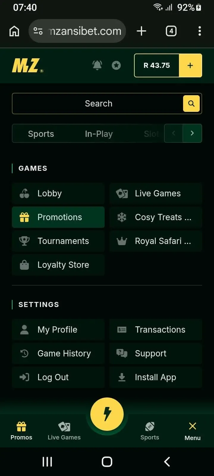 Mzansibet mobile site side menu with install app button at the bottom.