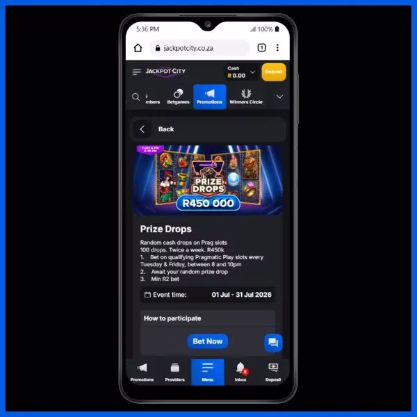 Jackpot City Prize Drops promotional page on mobile offering R450,000 in 