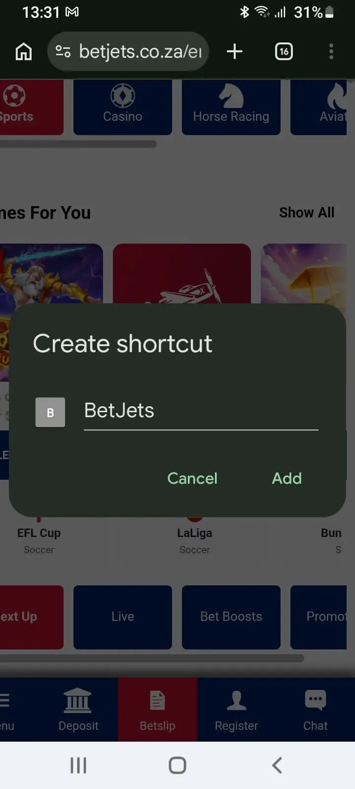 BetJets "Create Shortcut" pop-up