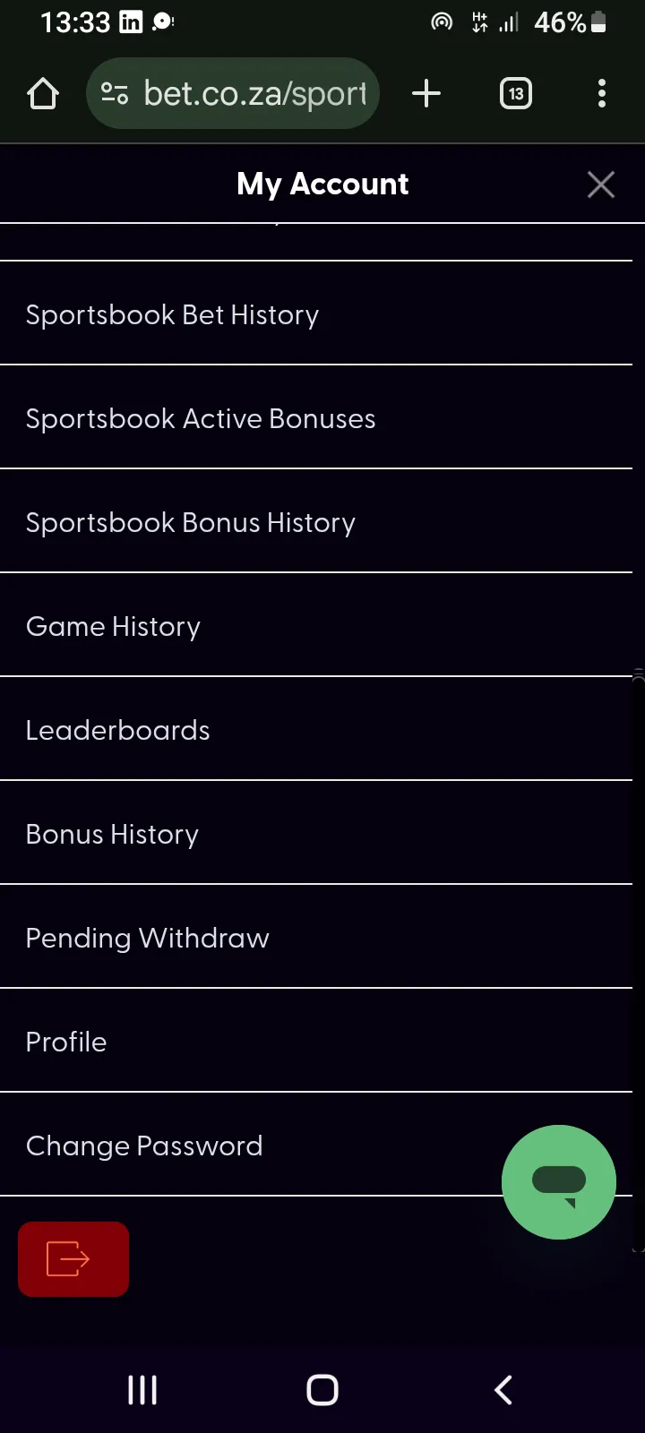 Bet.co.za "My Account" section showing Sportsbook Active Bonuses