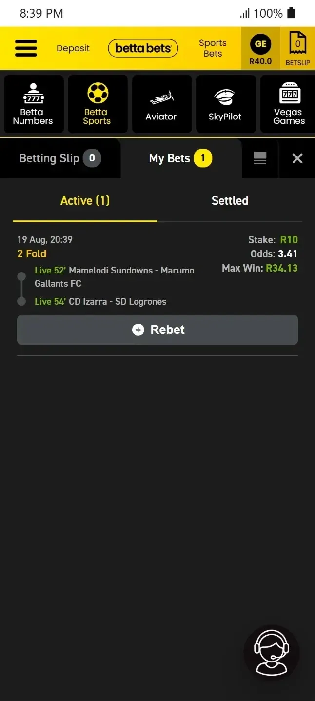 Active 2-fold bet on Bettabets with no option for early cashout
