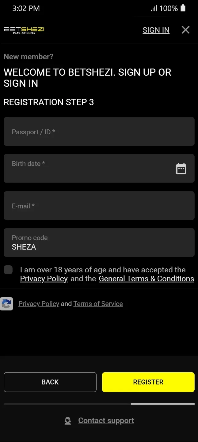 Sign up form with a field for the Betshezi promo code SHEZA