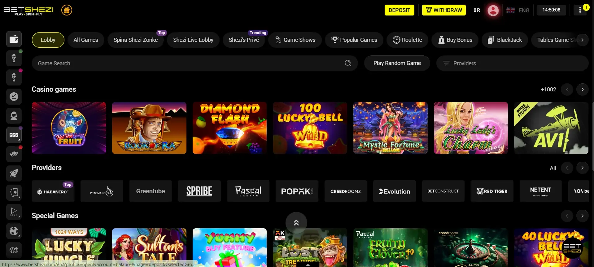 Betshezi's Spina Shezi slot lobby.