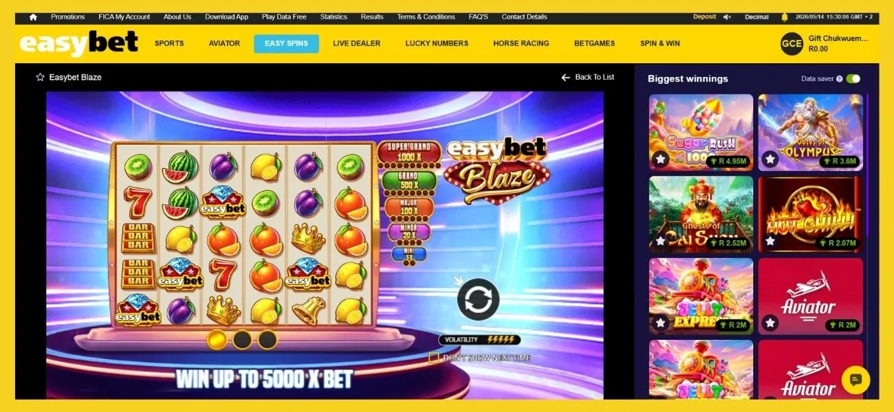 Easybet Blaze game screen with Biggest Winnings on the right