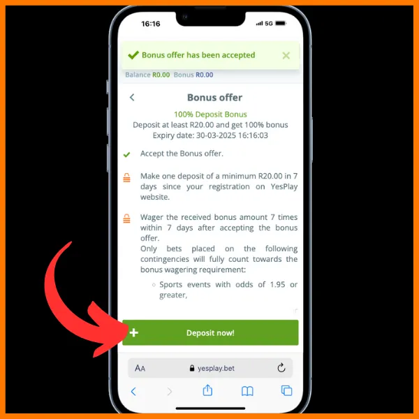 Terms and conditions of the bonus offer on YesPlay with a red arrow pointing to "Deposit now" button.