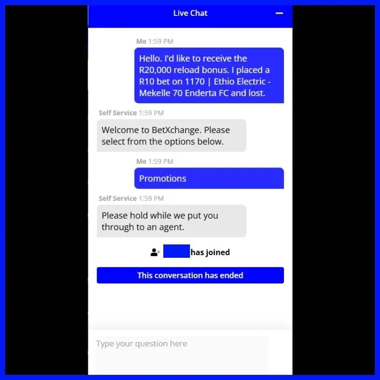 BetXchange Live Chat conversation asking to receive the R20,000 First Loss Reload.