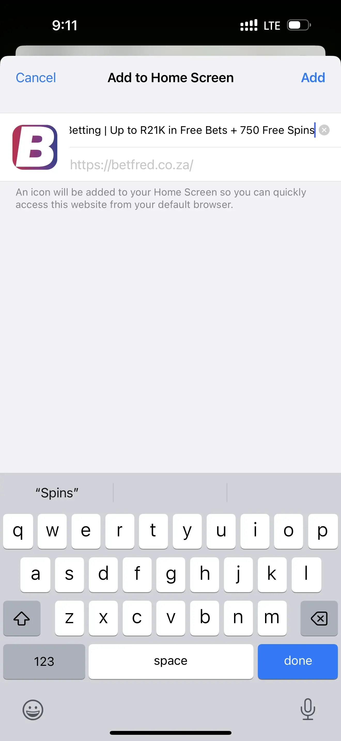 Screenshot of Betfred iOS download window with shortcut being renamed with keyboard.