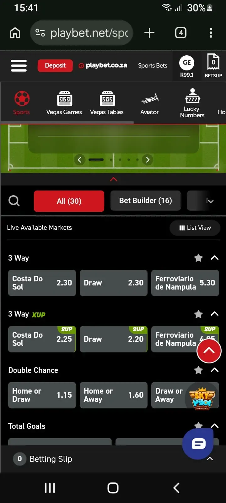 Costa do Sol v Ferroviario Maputo on Playbet with Bet Builder tab visible
