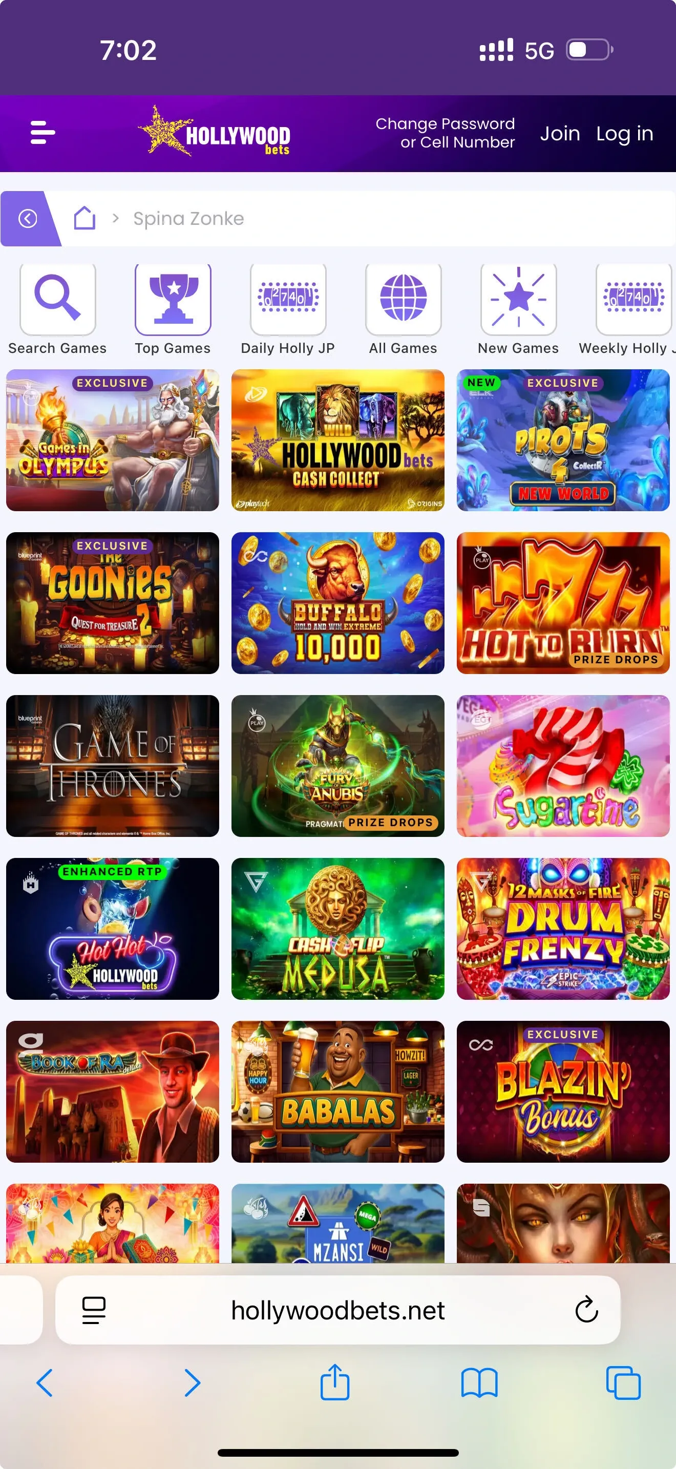 Hollywoodbets Spina Zonke lobby on mobile