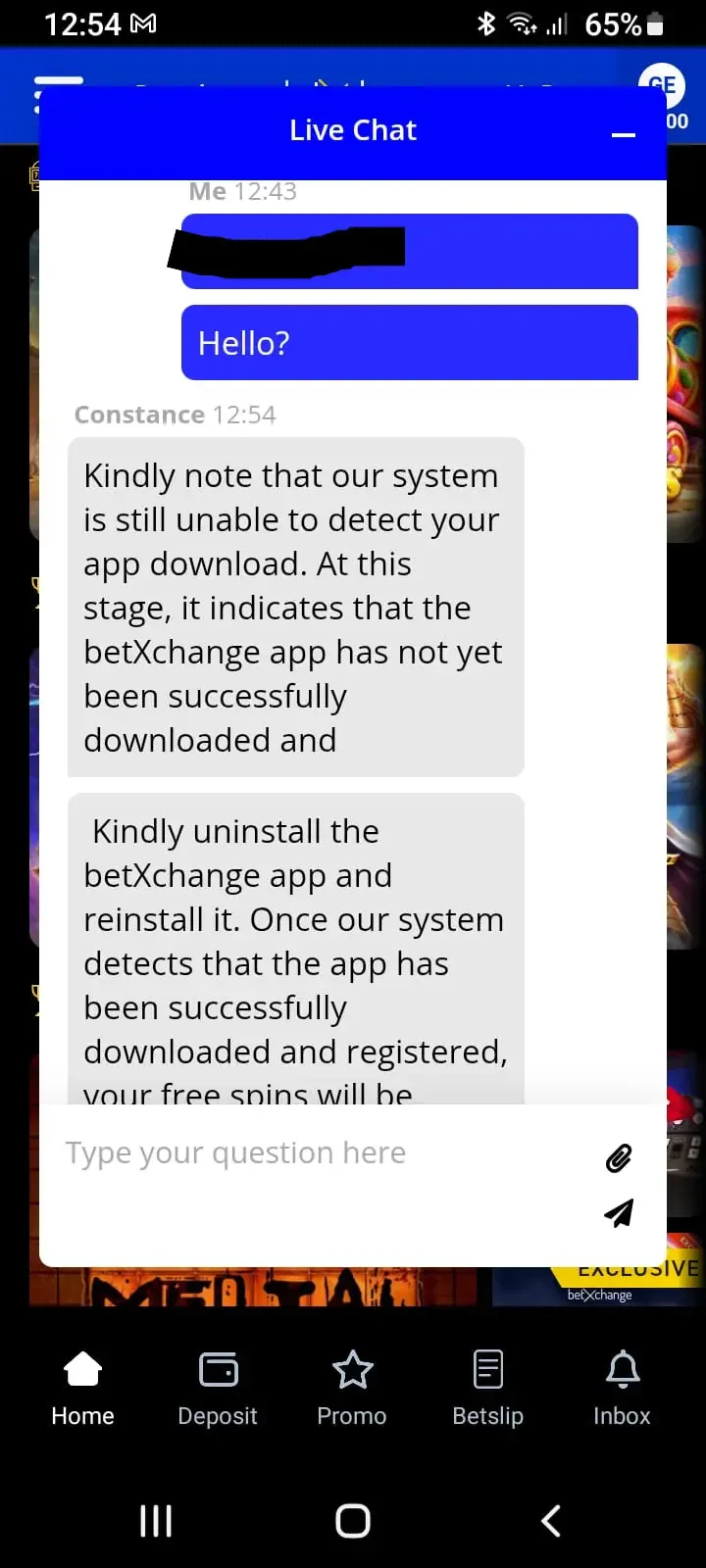 BetXchange live chat transcript showing customer support advising a re-installation of the app to trigger free spins detection.