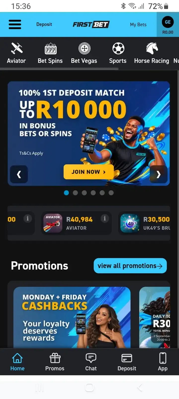 Firstbet mobile app homepage interface displaying the 100% deposit bonus banner up to R10,000, top game navigation icons, and weekly cashback promotions.