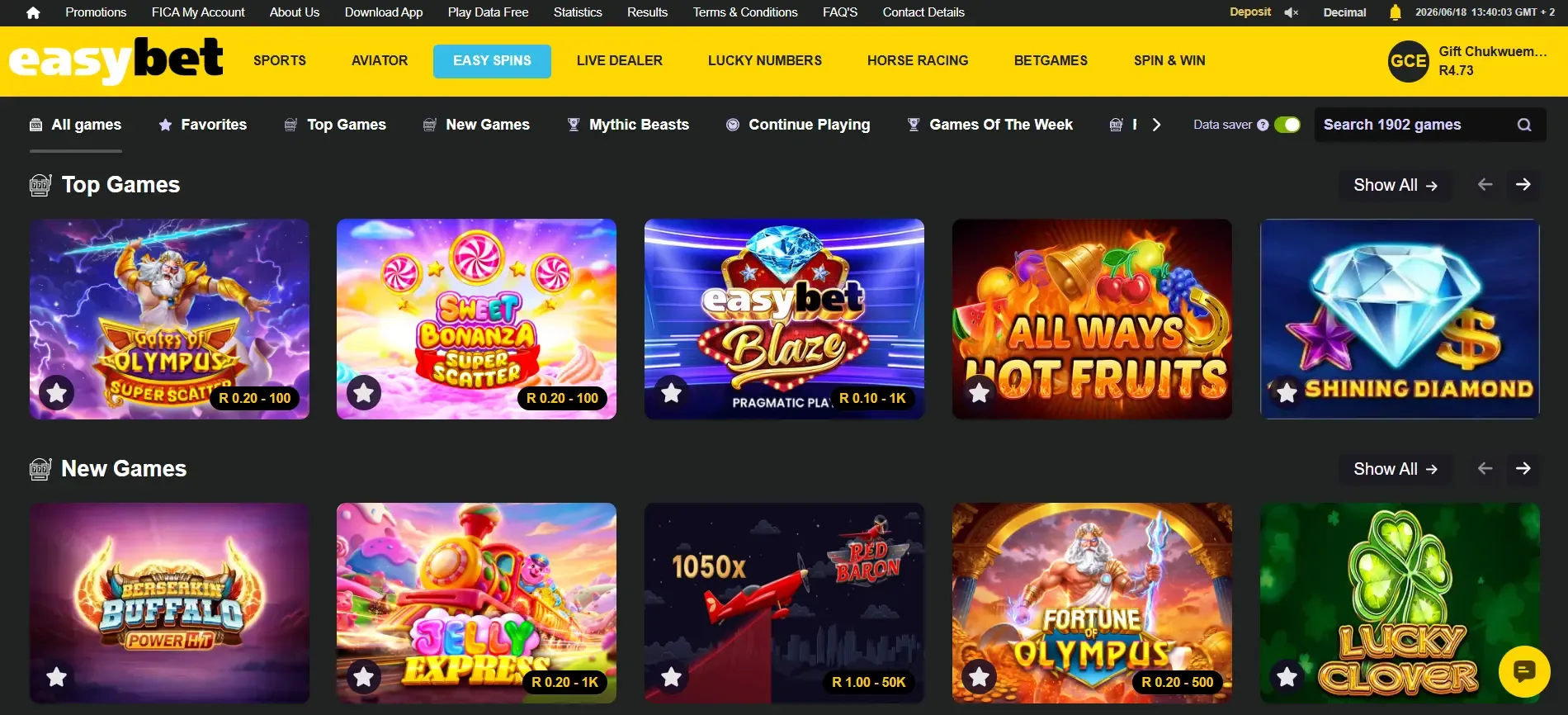 Easybet's Easy Spins slot library showing 1900+ games and data-saver toggle.