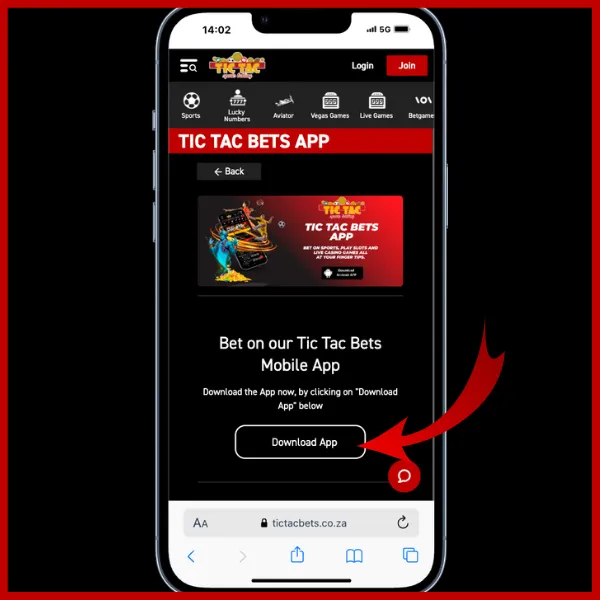 Tictacbets site - red arrow pointing to download the app button on the official site