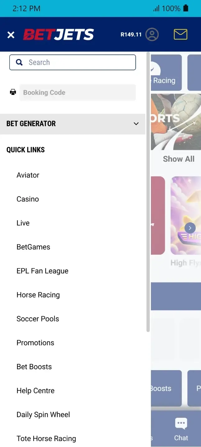 BetJets mobile side menu with "Quick Links"