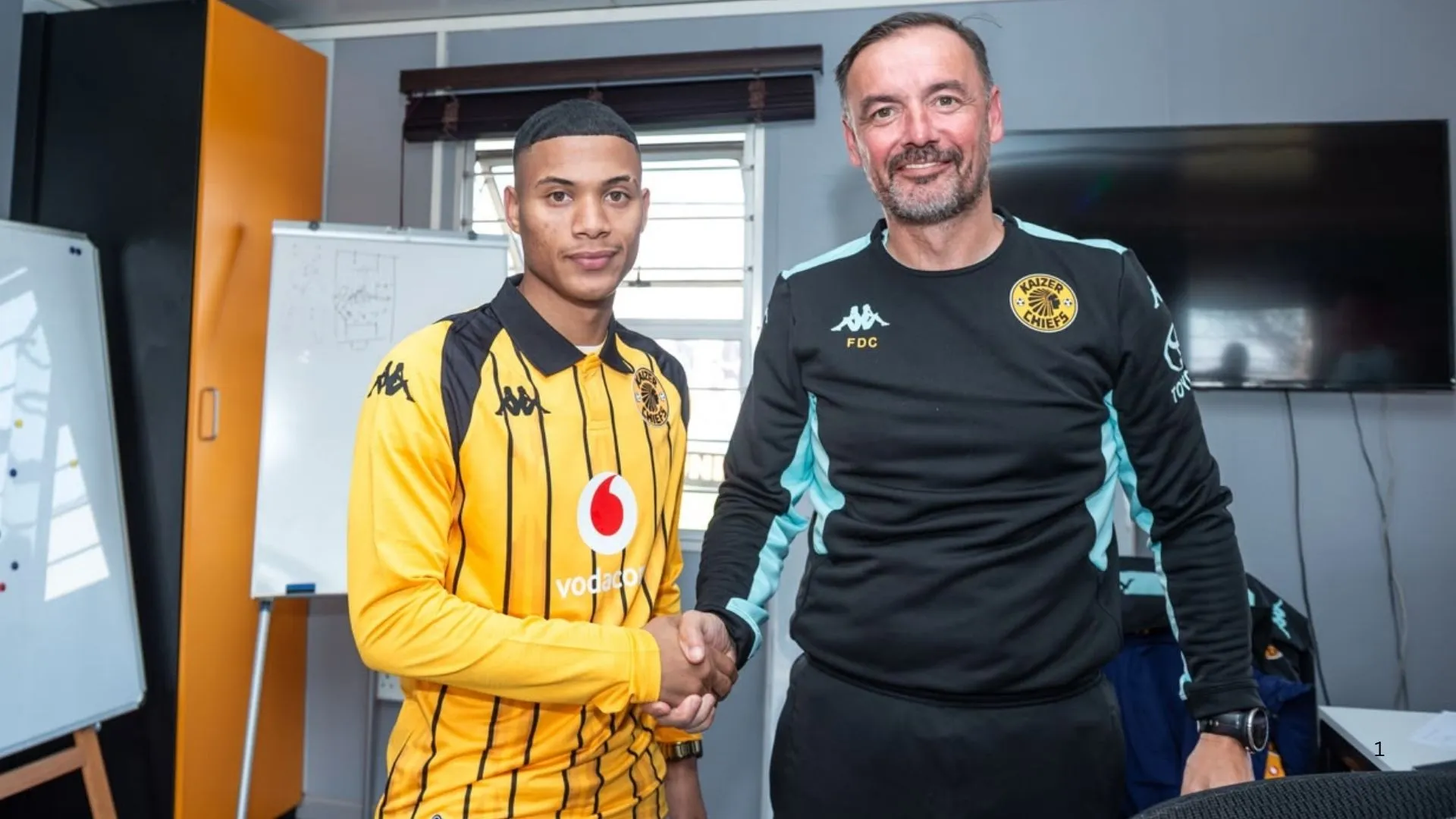 Kaizer Chiefs new signing Faiz Abrahams and coach Fernando da Cruz.