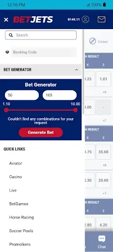 BetJets bet generator tool showing R50 stake, R105 payout.