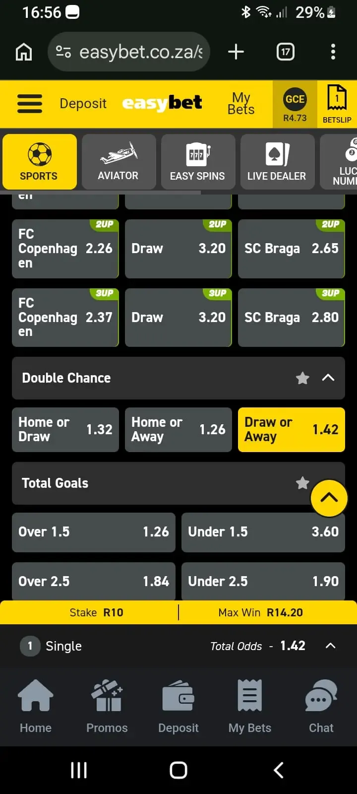 Screenshot of FC Copenhagen vs SC Braga showing double chance X2 meaning on Easybet